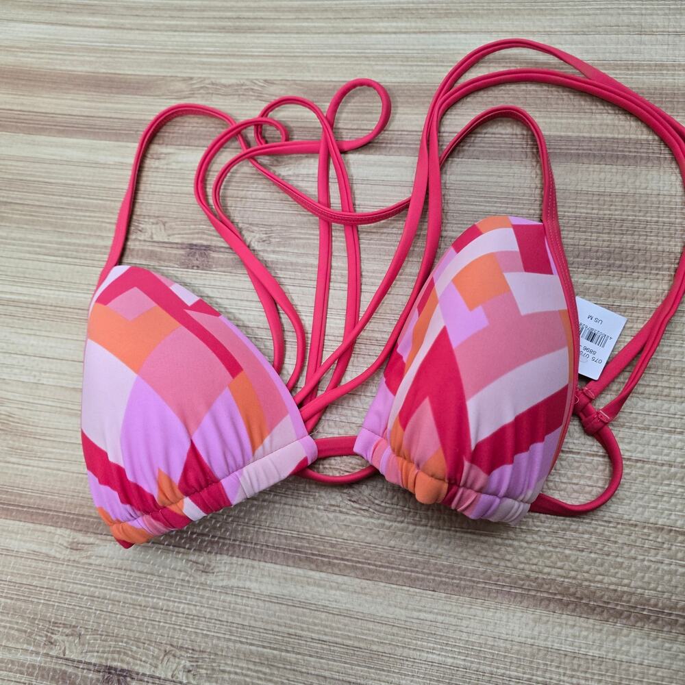 Aerie Padded Pink Orange Geometric Print Triangle Bikini Top Size Medium NWT